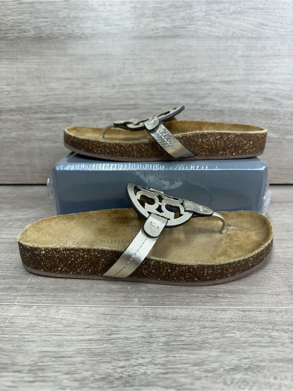 Tory Burch Miller Cloud Calf Leather Cork Classic Thong Sandals Gold/Cork 5.5